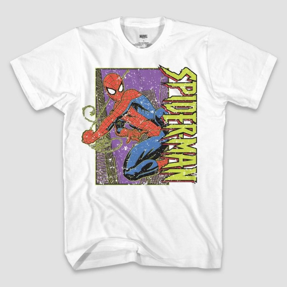 A white graphic Spider-Man tee